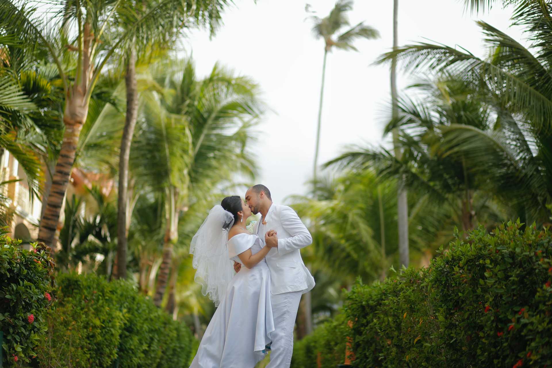 A newly wed couple kissing in the tropic